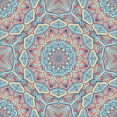 A colorful mandala pattern featuring intricate floral designs and symmetrical elements, ideal for relaxation and mindfulness activities.