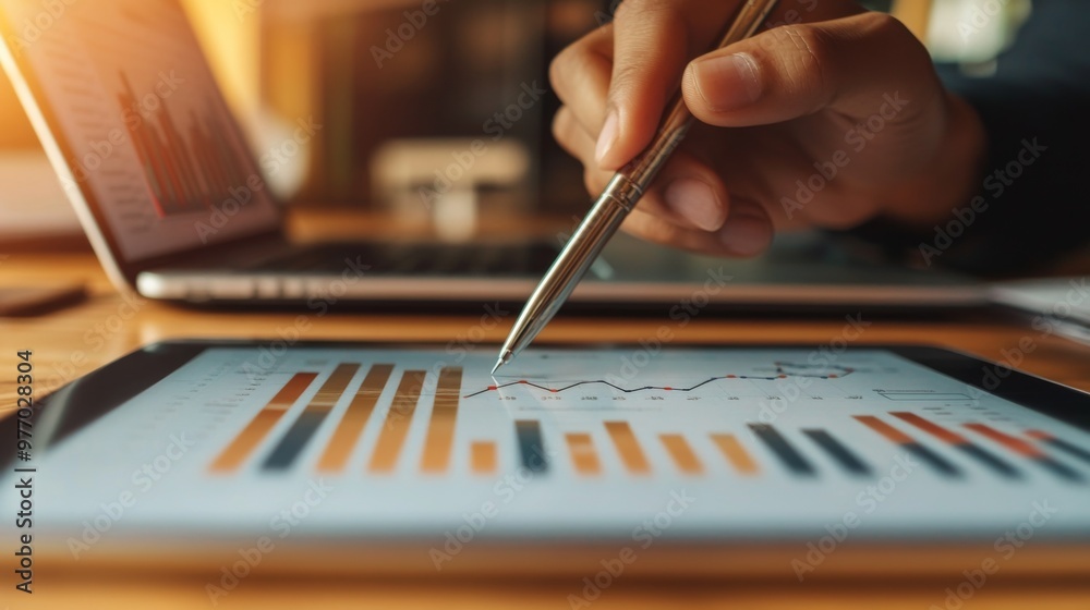 Fototapete A close-up of a person hand using a stylus to highlight key data points on a financial graph displayed on a tablet, with a laptop and financial reports visible in the background.
