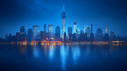 Obraz premium The Manhattan skyline at dusk, with the Freedom Tower dominating the cityscape. The lights of the city reflect on the water.