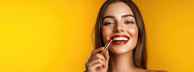Young woman smile and putting lipstick on her lips on color background with copy space, banner template