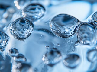 Blue colors and shadows on a light blue background, macro of a transparent glass ball