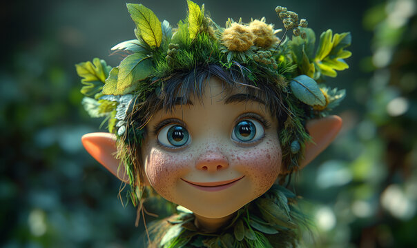 A whimsical fairy with a headpiece in a cartoon style.