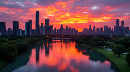 Fototapeta premium Vibrant sunset over a cityscape with a river and park.