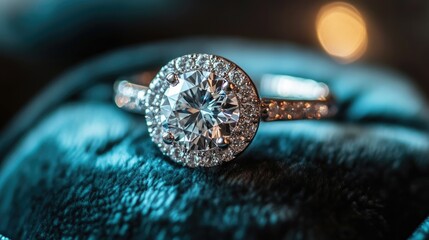 A close-up of an exquisite diamond engagement ring set on a velvet cushion, with the sparkling stone catching the light beautifully.