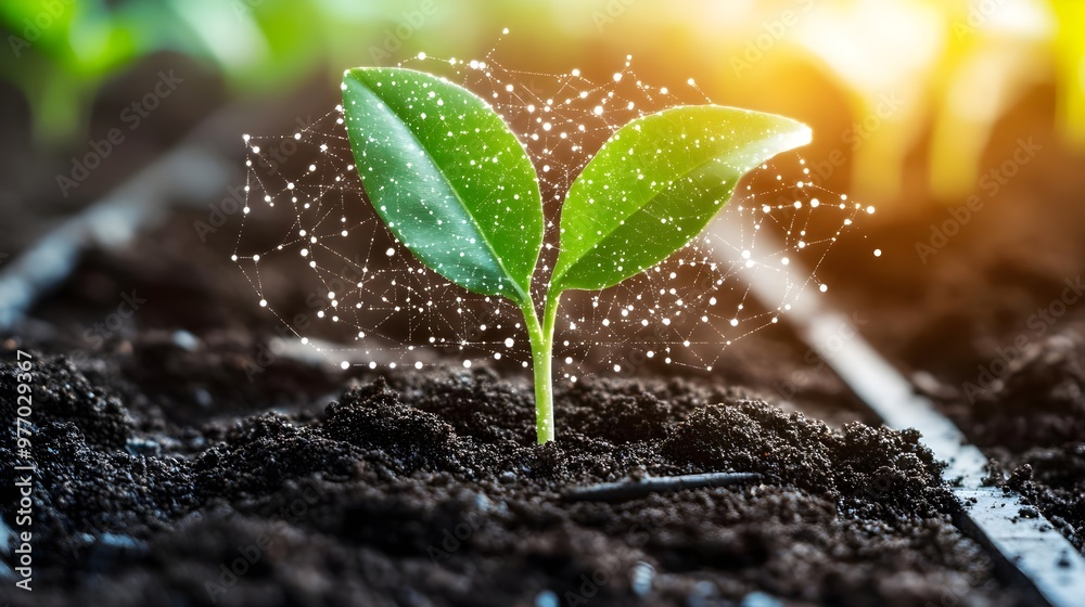 Wall mural a vibrant seedling emerges from rich soil, symbolizing growth and renewal in nature's abundant cycle