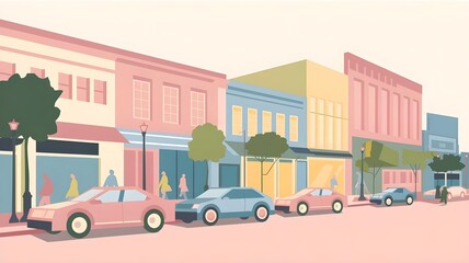 Obraz premium A vibrant urban street scene featuring colorful buildings, cars, and pedestrians in a lively, artistic style.