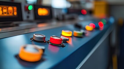 A close-up of colorful buttons and indicator lights on a machine control panel, with labels showing different functions in a manufacturing setting.