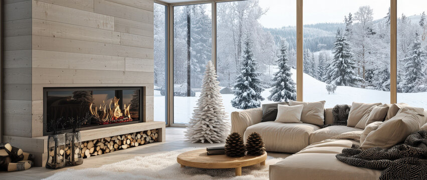 Amplion salon de estar de una casa en la monta&ntilde;a con vistas a un bosque nevado con abetos. El interior est&aacute; decorado en tonos beiges suaves con chimenea encendida y arbol navide&ntilde;o