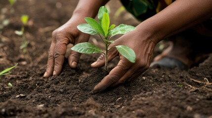A close-up of hands planting a small tree sapling in the soil, symbolizing reforestation and environmental restoration efforts.