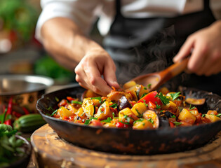 Chef Garnishing Spanish Vegetable Stew Pisto in a Rustic Kitchen