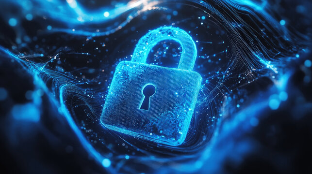 Fondo abstracto futurista de color azul ne&oacute;n, con un candado en el ciberespacio. Concepto ciber seguridad