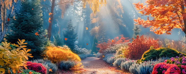 Obraz premium Beautiful coniferous garden in the autumn with colourful trees and bushes. Banner and wallpaper concept.