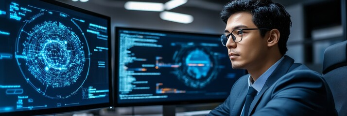 Cybersecurity Professional Analyzing Code and Data on Multiple Screens in a Dark Office