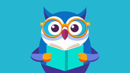 Owl with blue glasses reading a book on a turquoise background, a panoramic photo of an owl wearing eyeglasses and holding an open, colorful magazine or vintage book, a cute bird sitting in an isolate