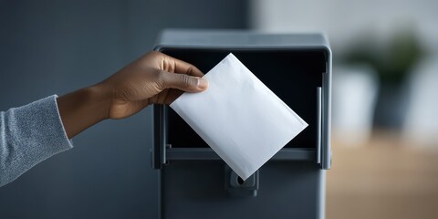A hand placing a white envelope into a modern mailbox, symbolizing communication, mailing, or correspondence.