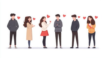 Obraz premium Characters illustrating the transition between love and heartbreak, with emotions of sadness, longing, and distance, white background 
