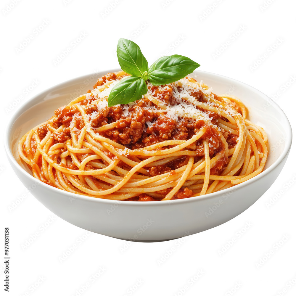 Wall mural Delicious spaghetti pasta topped with savory meat sauce and fresh basil, perfect for a comforting meal.