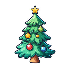 Cute cartoon christmas tree with star isolated on transparent background.