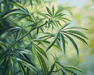 Fototapeta premium Oil painting of green marijuana leaves on plant branches featuring hemp Shallow depth of field with selective focus suitable for social advertising designs