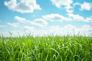 Obraz premium hermoso césped verde con cielo azul y nubes blancas
