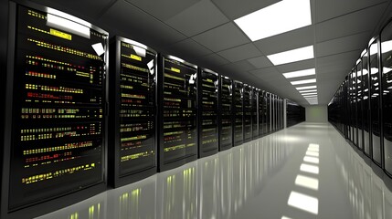 Obraz premium Modern data center featuring sleek server racks, illuminated displays, and polished floor in a high-tech environment.