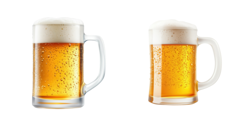 Two frosty beer mugs filled with golden beer, showcasing bubbles and foam, perfect for beverage themes and party celebrations.
