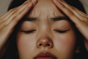 Fototapeta premium A young Chinese woman with closed eyes stands against a yellow background in worry