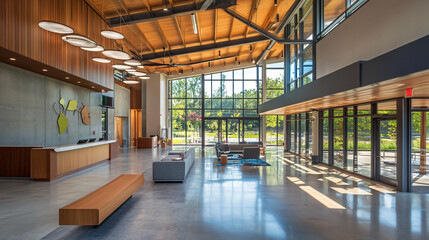 A contemporary community center with an open layout and eco-friendly materials.