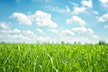 hermoso c&eacute;sped verde con cielo azul y nubes blancas