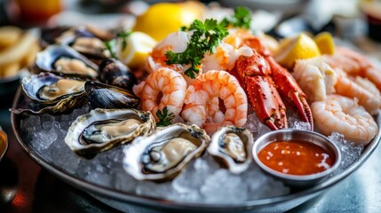 A close-up of a seafood platter with an assortment of shrimp, oysters, mussels, and crab, artfully arranged on a bed of ice with lemon and cocktail sauce.
