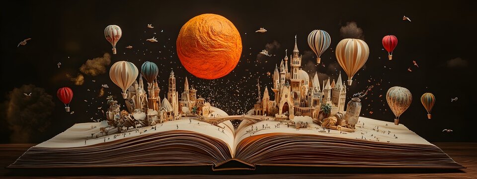 An open book with an intricate paper sculpture of a fantasy world coming to life, complete with floating balloons and castles