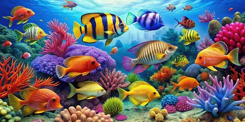 colorful sea creatures tropical fish brightly hued seahorses damselfish coral formations vibrant marine life