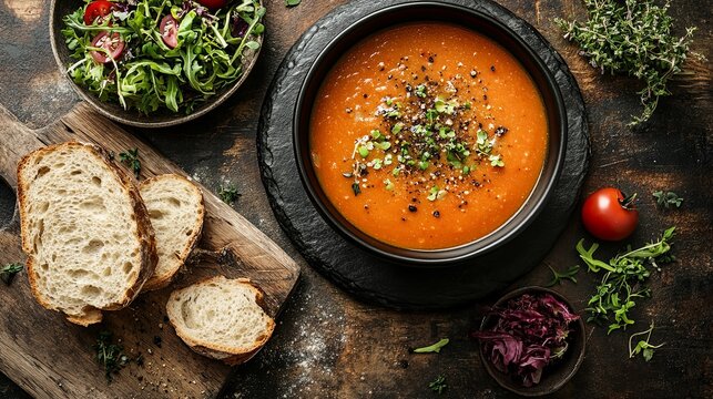 Creamy Tomato Soup with Bread Slices and Salad Garnishes
