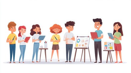 Fototapeta premium Characters of students presenting projects and teachers evaluating, showing emotions like pride, focus, and achievement, white background
