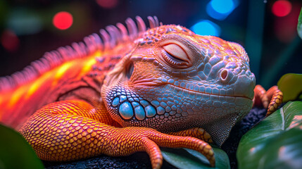Fototapeta premium Red iguana is resting in a terrarium, enjoying the warmth of a heat lamp
