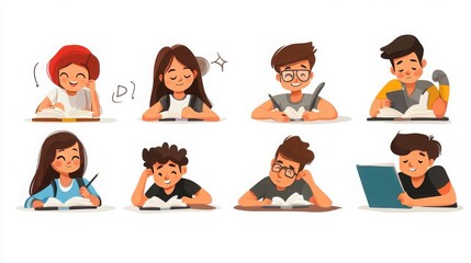 Characters of students studying for exams or working on assignments, expressing concentration, stress, and relief, white background 
