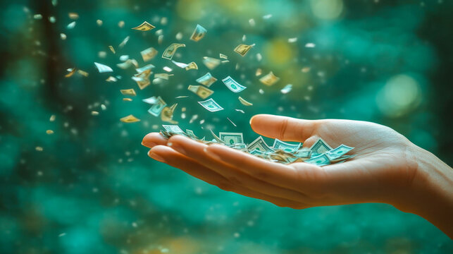 Open hand receiving falling dollar bills with a green background