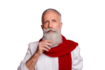 Portrait of pensive person touching his chin thinking wearing white sweater isolated over red background
