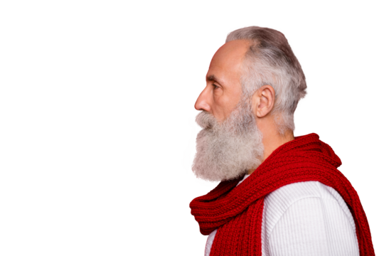 Close-up profile side view portrait of his he nice attractive well-groomed trendy calm peaceful gray-haired man copy space isolated over bright vivid shine red background