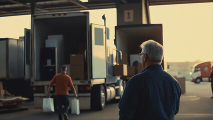A man watches cargo being loaded and unloaded from a truck at a logistics warehouse. Cargo delivery and logistics.