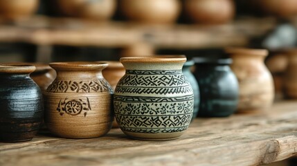 A diverse assortment of small handcrafted pottery vases, each adorned with unique patterns, is neatly arranged on rustic wooden shelves, exuding an artisanal and homey charm.