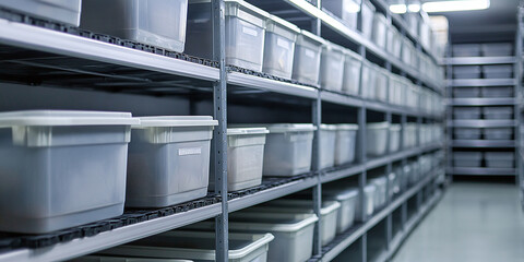 plastic boxes in the cells of the automated warehouse. Metal construction warehouse shelving