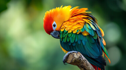 Obraz premium A colorful bird preening its feathers on a perch.
