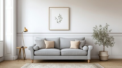 A cozy, minimalist living room with a gray sofa, a small rug, and a single framed artwork, all arranged in a harmonious, clutter-free space.