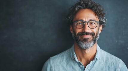 Portrait of a smiling bearded man wearing a denim shirt, exuding warmth and friendliness, standing against a dark background with a soft focus effect.