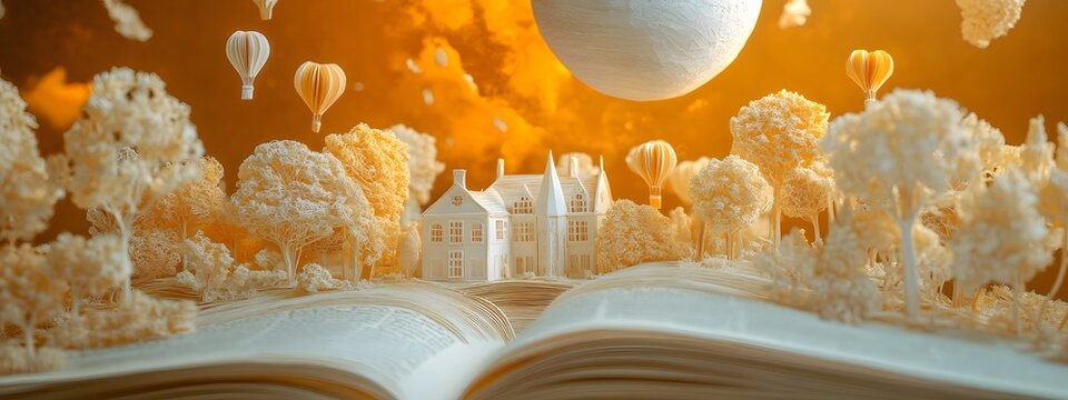 An open book with an intricate paper sculpture of a fantasy world coming to life, complete with floating balloons and castles