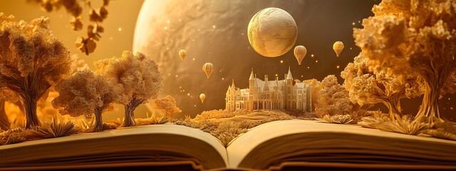 An open book with an intricate paper sculpture of a fantasy world coming to life, complete with floating balloons and castles