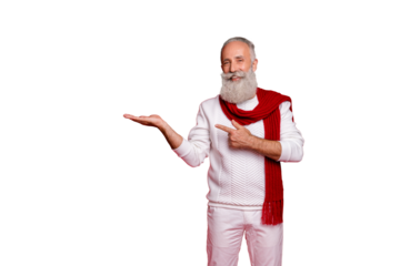 Portrait of his he nice attractive confident cheerful gray-haired man holding copy space on palm ad advert promo promotion isolated over bright vivid shine red background
