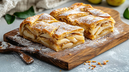 Wooden board and plate with pieces of tasty pear strudel on grey background
