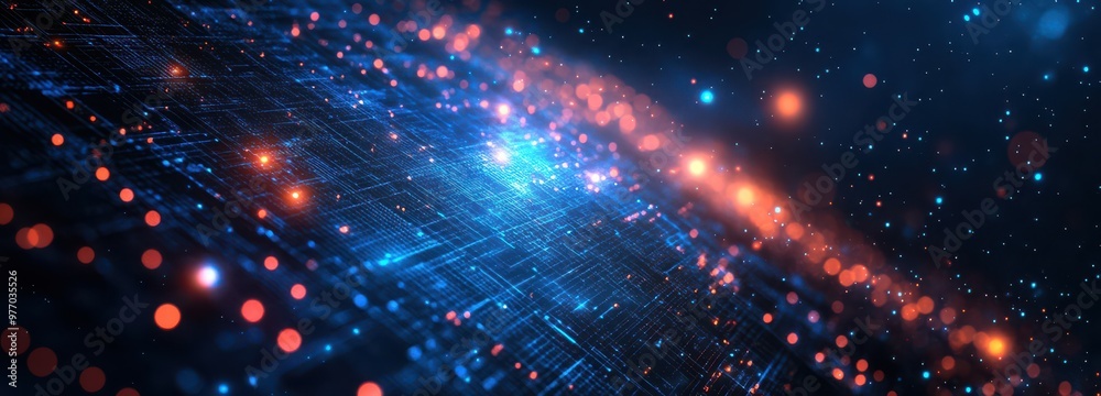 Poster abstract futuristic background featuring glowing lines and dots in a dynamic digital pattern